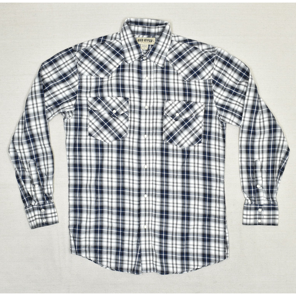 Red River Men Cotton Blue Size M Pearl Snap Shirt Plaid Long Sleeve Western